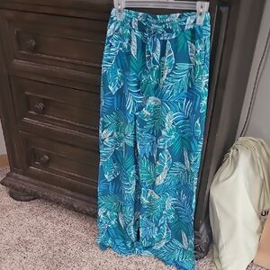 Tropical Leaf Print Wide-Leg Pants